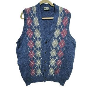 VTG Button Up Grandpa Core Shetland Wool Ireland Argyle Sweater Vest Men Large